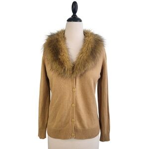 Vintage Faux Fur Trim Cardigan Tan Mob Wife Glam 90s Luxe Sweater Women's S/M